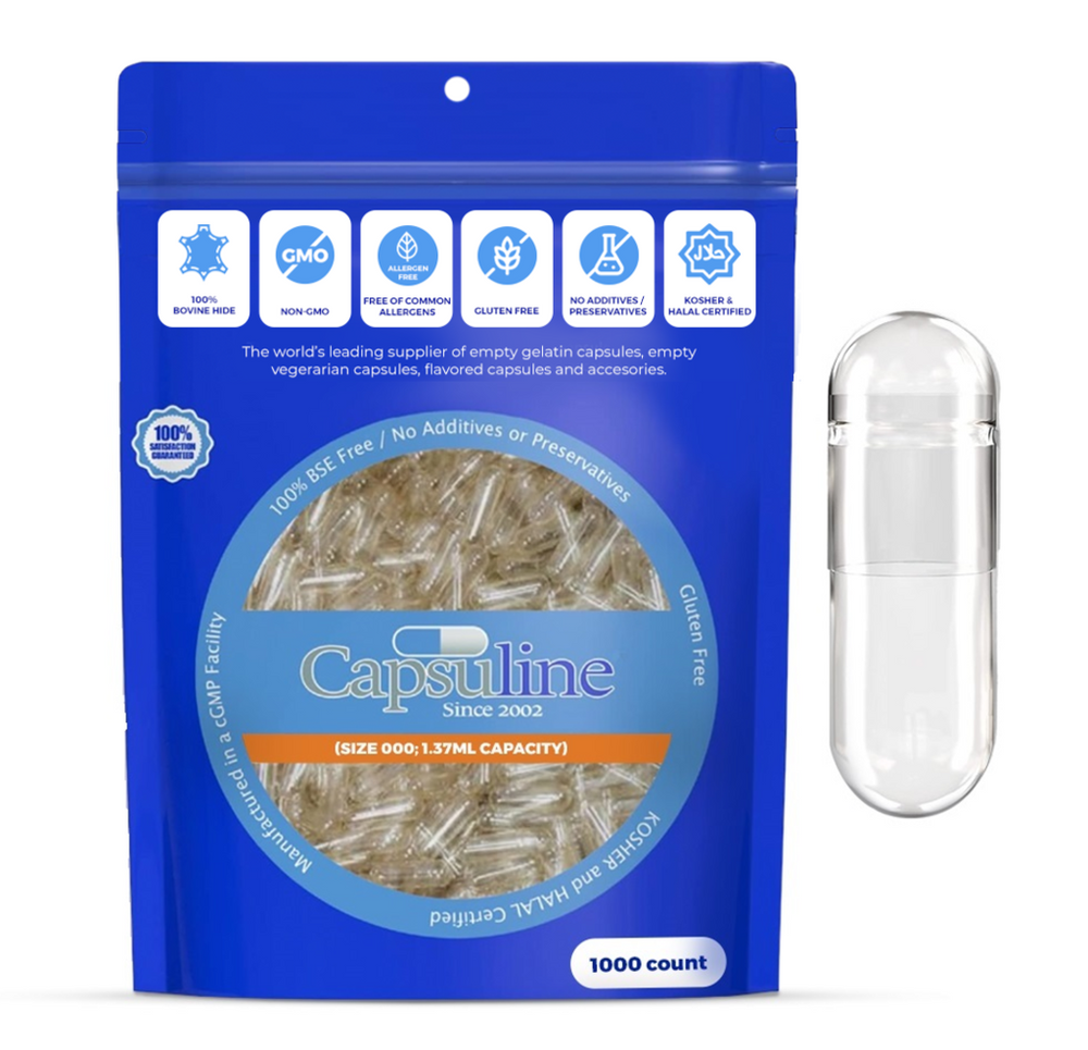 Clear Size 000 Empty Gelatin Capsules by Capsuline - 1000 Count - 1000