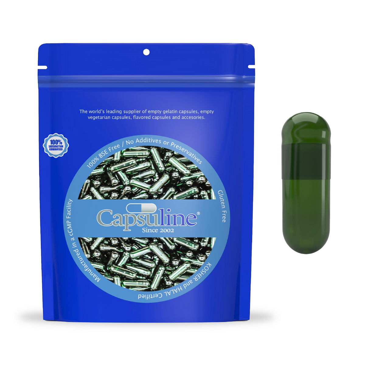 Capsuline Chlorophyll Empty Vegetarian Capsules Size 0  - Green/Green  - TiO2-Free - 1,000 Count - 1000