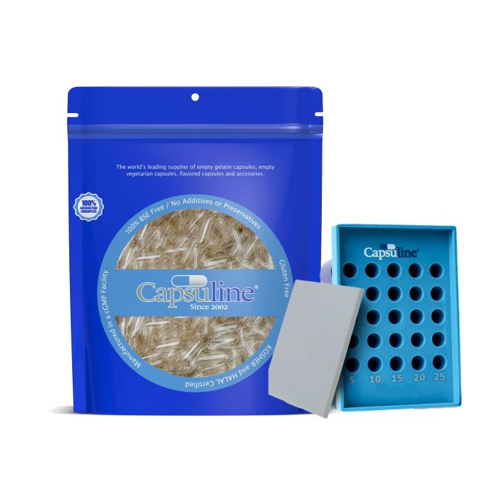 Clear Size 00 Empty Gelatin Capsules by Capsuline - 1000 Count + Holding Tray Size 00 for 25 capsules