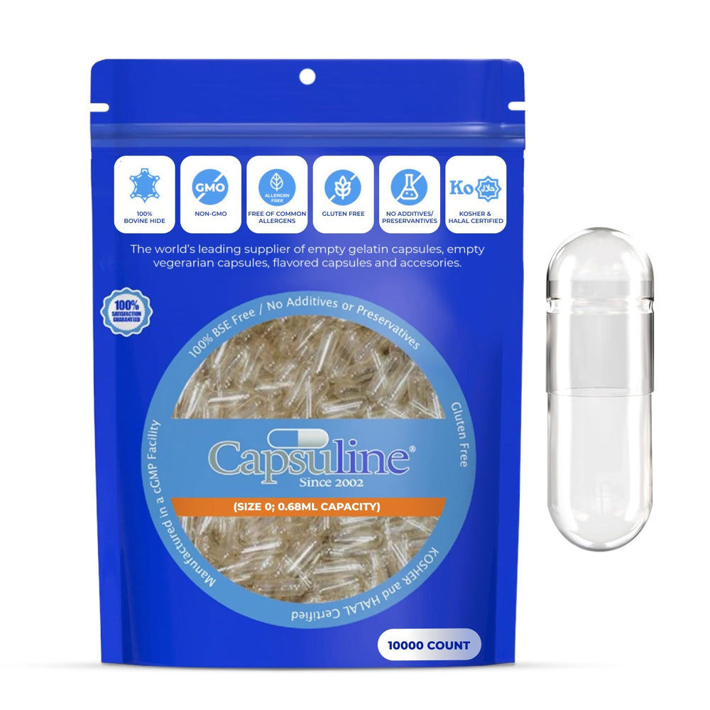 Clear Size 0 Empty Gelatin Capsules by Capsuline - 100 Count + Holding Tray Size 0 for 25 capsules - 100